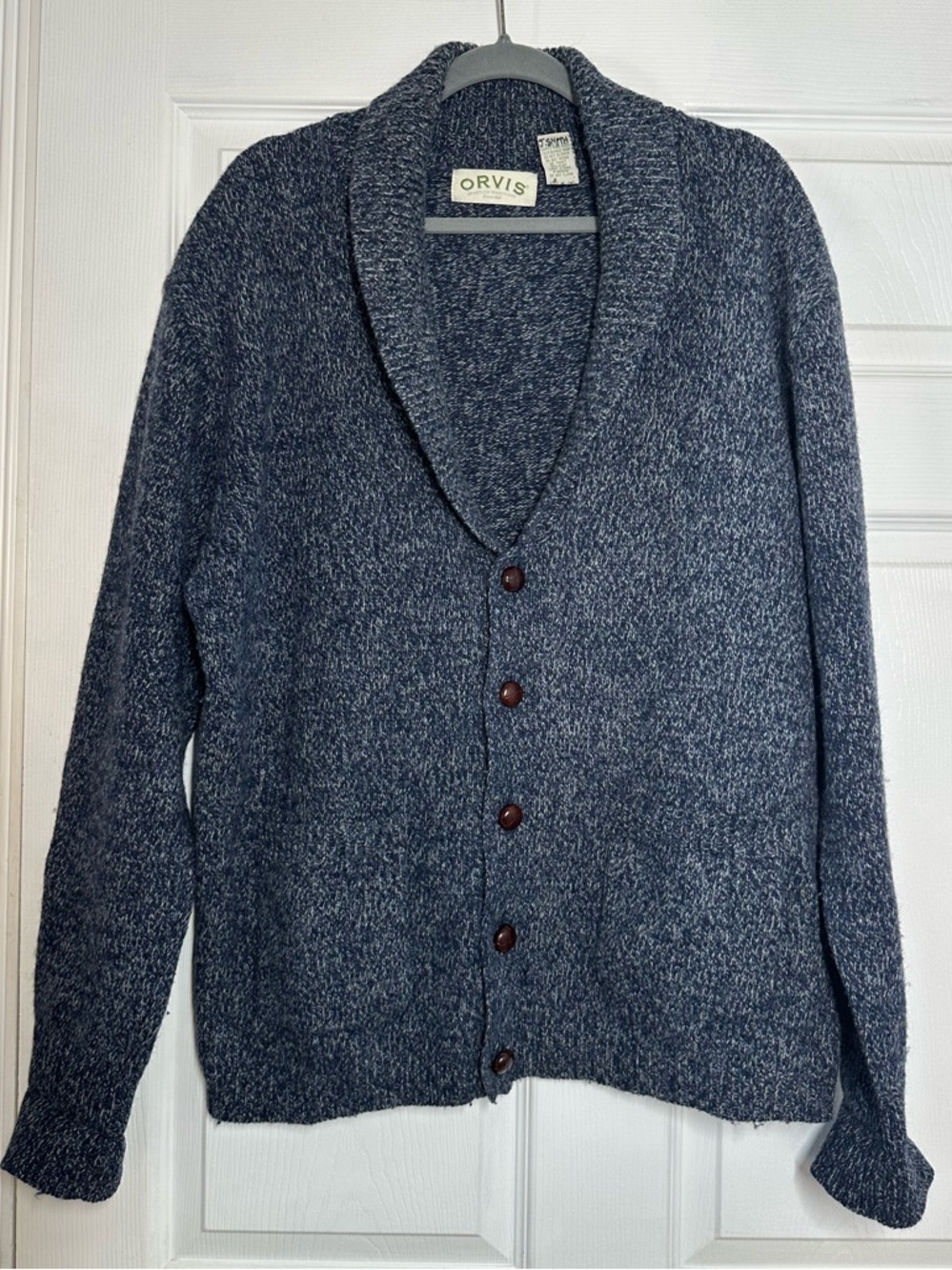 Orvis Shawl Collar Cardigan Sweater Heathered Blue Wool Blend Leather Buttons